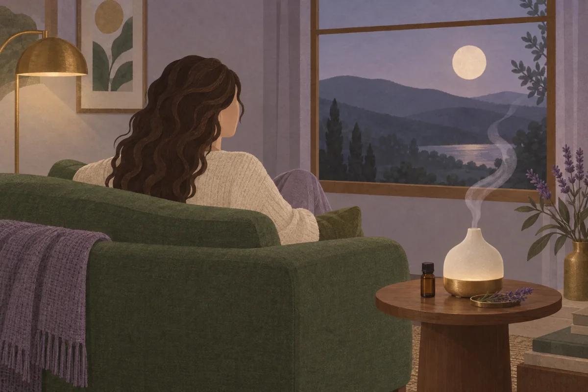 Illustration : soirée détente avec un diffuseur d’huile essentielle, flacon et brin de lavande sur la table basse