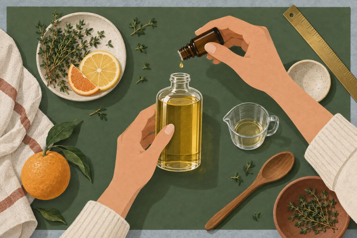 Illustration : une goutte d’huile essentielle tombe dans un flacon d’huile végétale, thym, agrumes et verre doseur