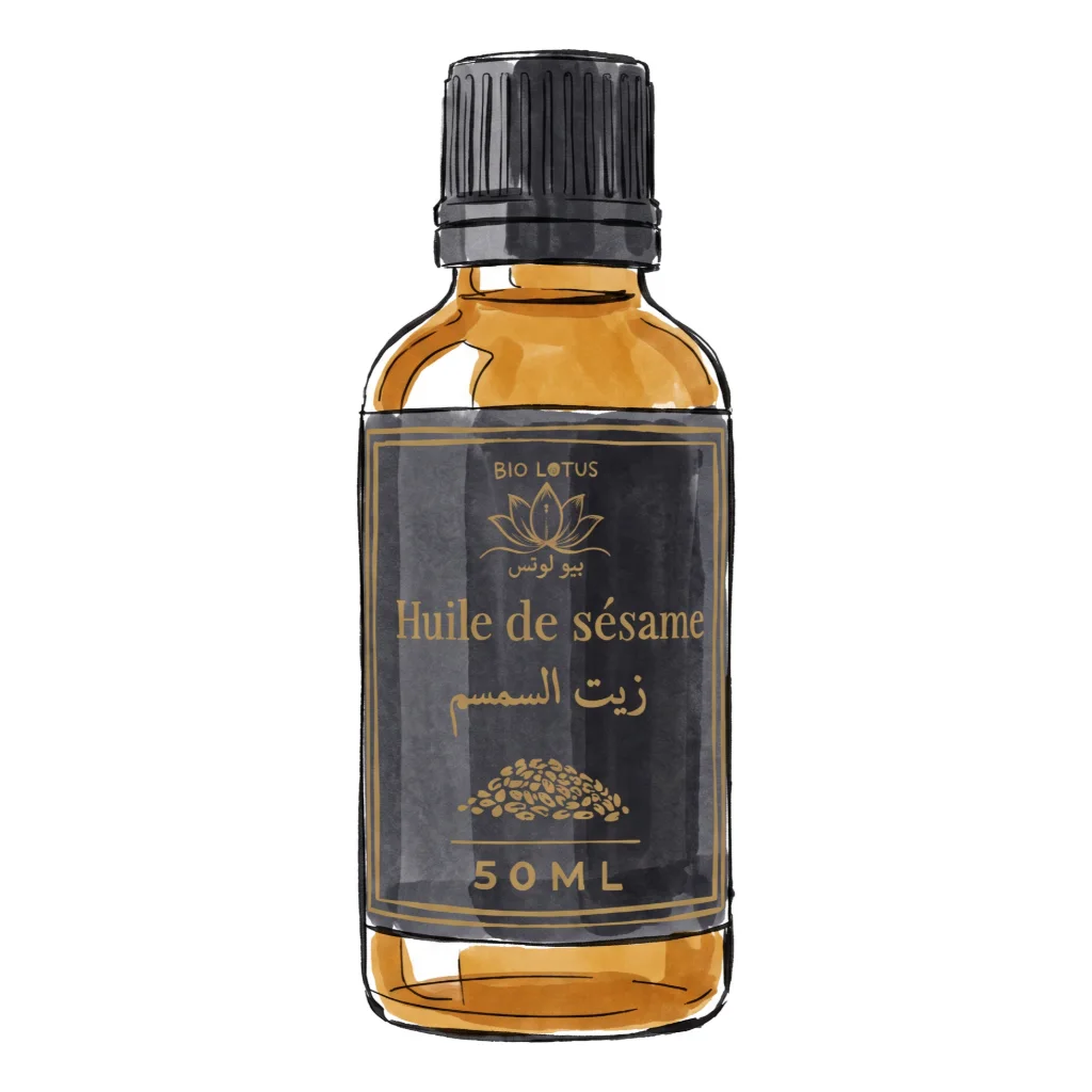 Flacon d’huile de sésame Bio Lotus 50 ml dessiné à l’encre et à l’aquarelle