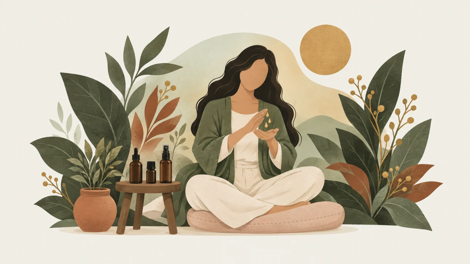 Illustration d’une femme sans visage assise entre de grandes feuilles qui réchauffe quelques gouttes d’huile dorée entre ses paumes, avec flacons d’huile, d’huile essentielle et d’hydrolat