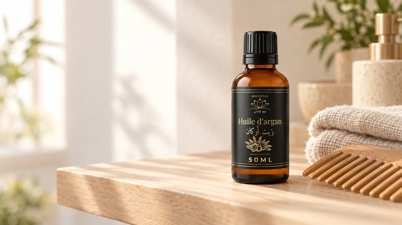 Huile d’argan cheveux : flacon en verre brun, peigne en bois à larges dents et serviette beige sur une étagère de salle de bain