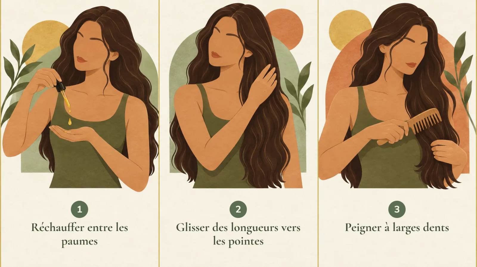 Trois gestes : réchauffer l’huile d’argan entre les paumes, la glisser des longueurs vers les pointes, passer un peigne à larges dents