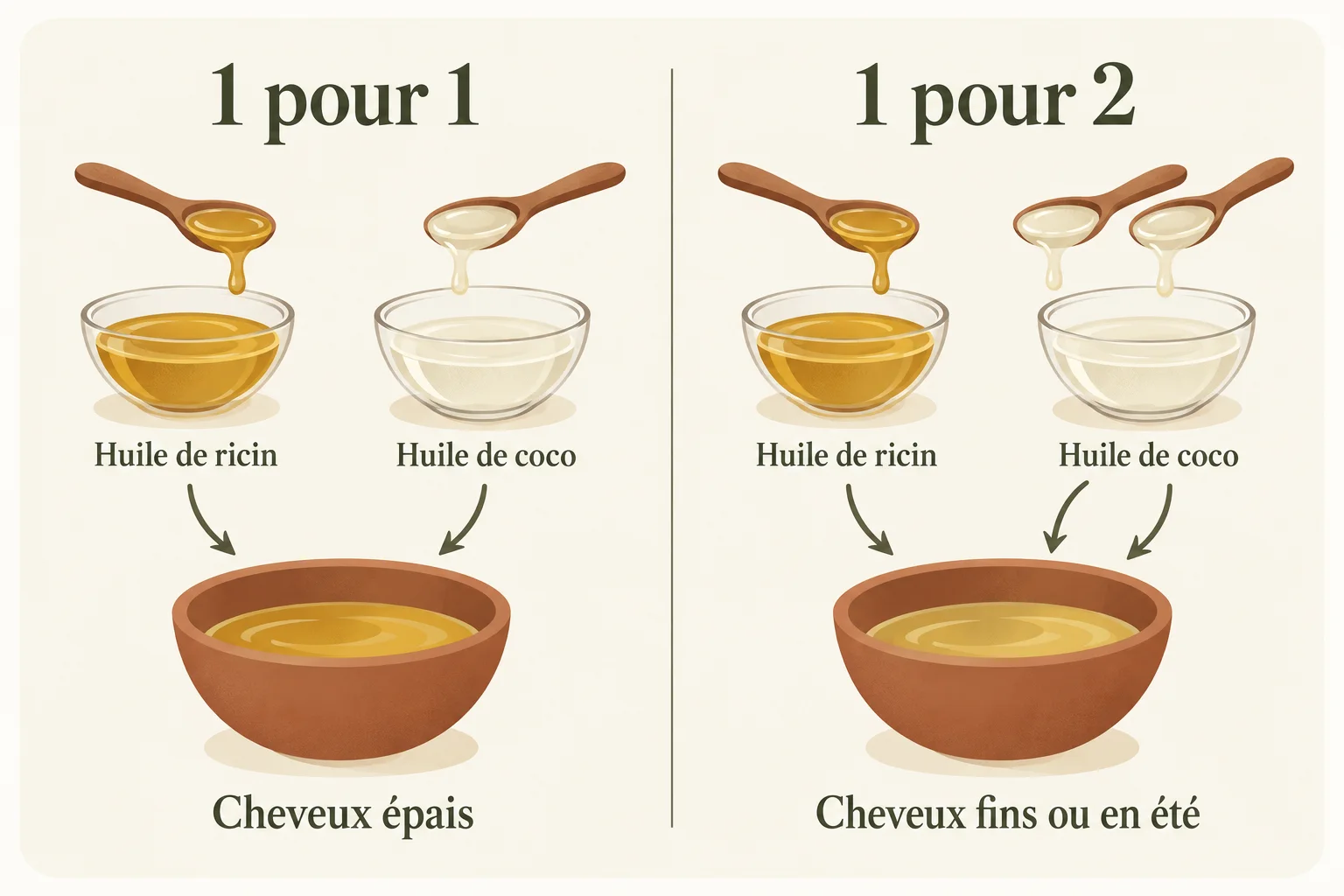 Mélanges d’huile de ricin et d’huile de coco : 1 pour 1 pour les cheveux épais, 1 pour 2 pour les cheveux fins ou en été