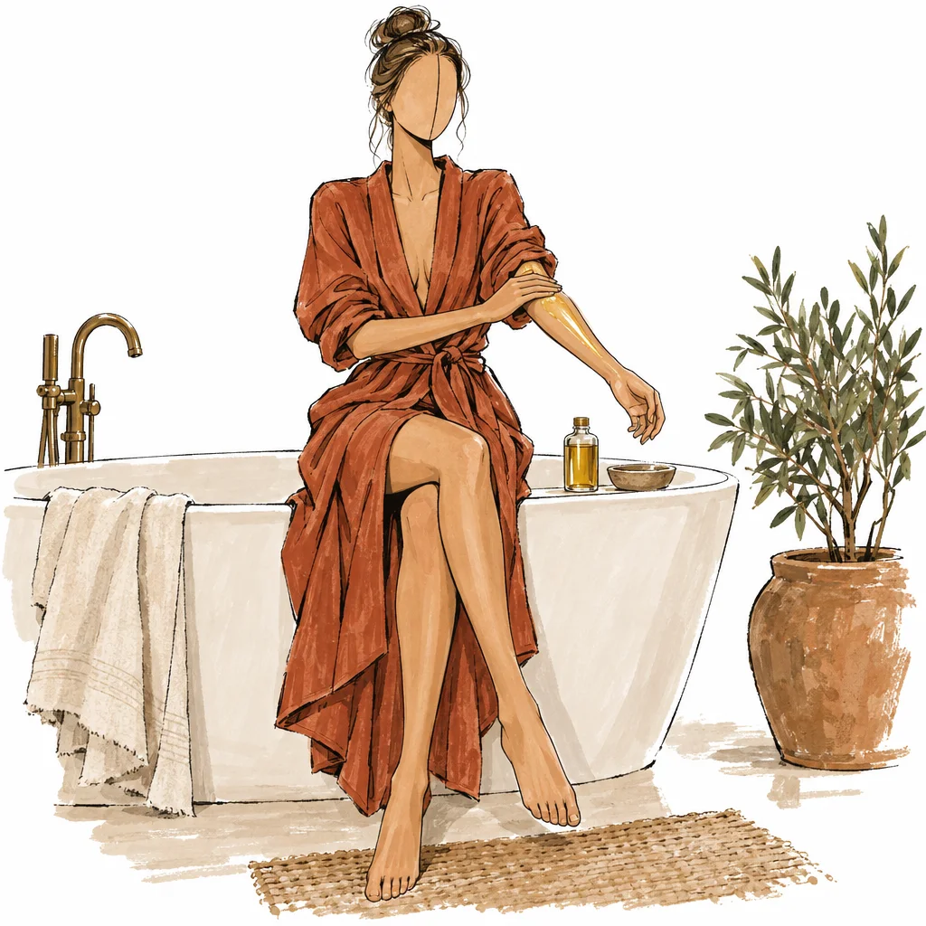 Croquis à l’encre d’une silhouette sans visage assise au bord d’une baignoire qui lisse de l’huile sur son avant-bras et son coude
