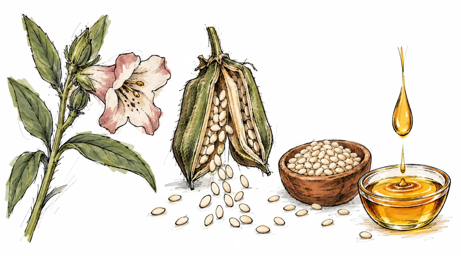 Planche botanique à l’encre : fleur de sésame, capsule ouverte avec ses graines, bol de graines et goutte d’huile dorée