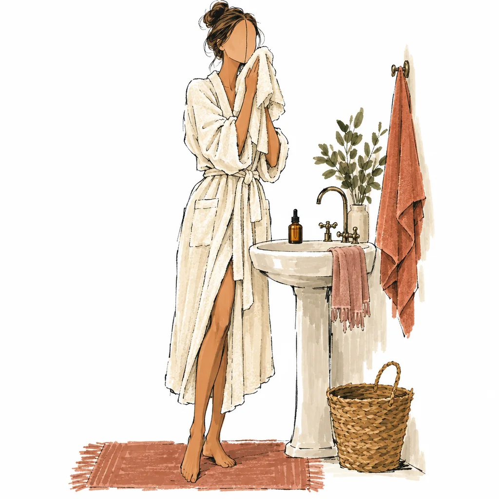 Croquis à l’encre d’une silhouette sans visage en peignoir crème qui tamponne son visage avec une serviette devant un lavabo
