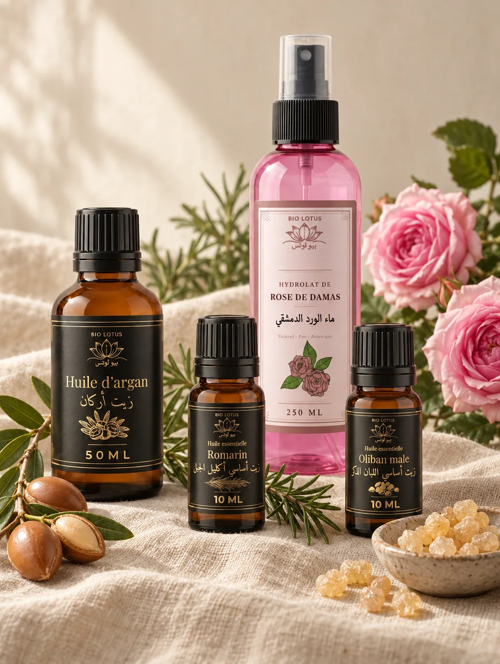 Huiles naturelles Tunisie : huile d'argan, romarin, oliban et hydrolat de rose Bio Lotus