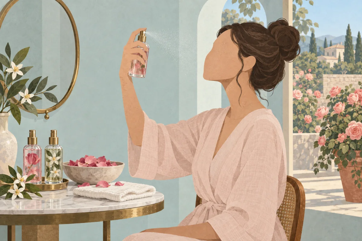 Illustration : femme en peignoir qui vaporise un hydrolat sur son visage, flacons d’hydrolat de rose et de fleur d’oranger, pétales et serviette sur la table