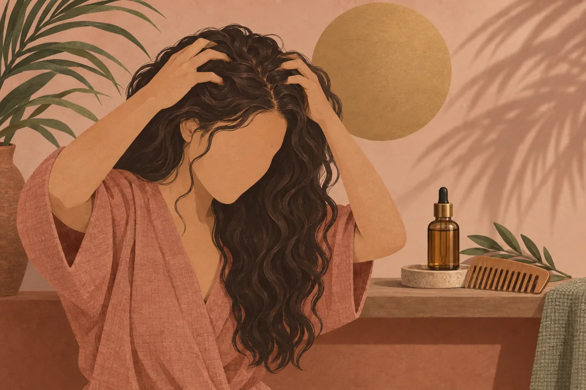 Illustration : massage du cuir chevelu du bout des doigts avec une huile, flacon et peigne en bois sur l’étagère