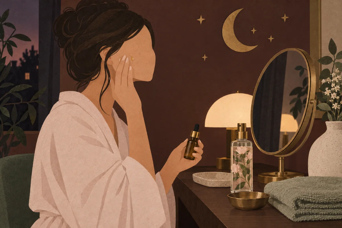 Illustration : soin du visage du soir, quelques gouttes d’huile sur la joue, hydrolat et flacon compte-gouttes sur la coiffeuse